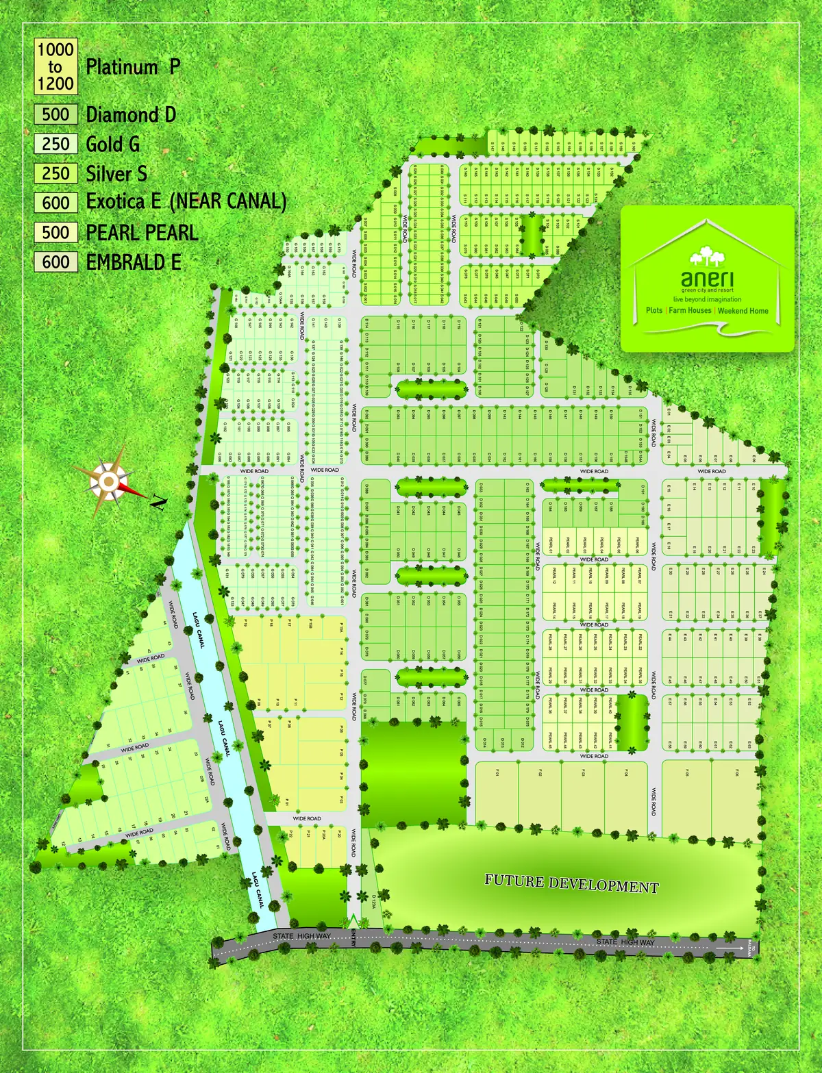 Site layout plan of Aneri Green City & Resort showing plots, roads and amenity areas